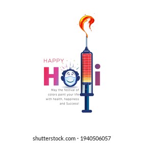 vector illustration of vaccine. safety Mask, social distancing and Happy Holi. Indian festival of Color splash background concept with creative typography text