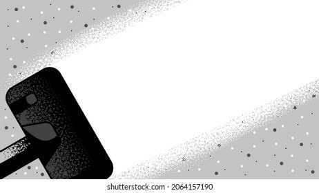 Vector illustration of a vacuum cleaner cleaning dusty dirty grey floor. Grey background, place for text, black and white template, hoover. White line, sweeping. Hoover with noise texture