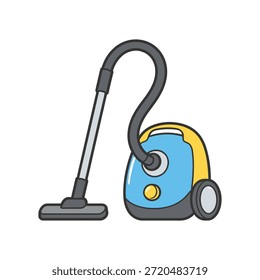 Icono de aspiradora de Ilustración vectorial con cuerpo azul y amarillo, manguera flexible, tubo de metal y boquilla de piso.