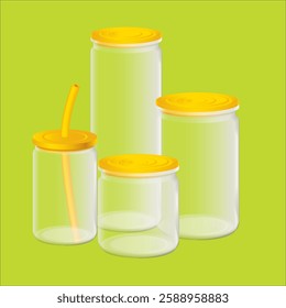 Vector illustration of vacuum glass storage bottle, glass with straw, pasta bottle, silicone lid