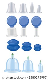 Vector illustration vacuum massage cups set. Vacuum cans with rubber bulb, Vacuum silicone cans, Silicone device for vacuum therapy. Massage jars for face and body. Medical anti-cellulite methods