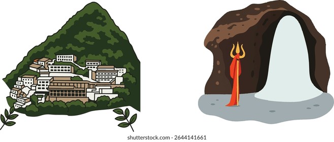 Ilustração vetorial do Templo Vaishno Devi e do Santuário da Caverna Amarnath - Sítios famosos de peregrinação hindu na Índia