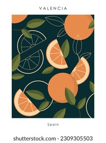 Vector illustration. Valencia, Spain. Design for travel poster, postcard, banner, website. Design for packaging juice, tea. Product design. Oranges, citruses.