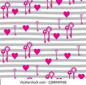 vector illustration of valentine background with keys and heart on stripy background.