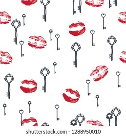 vector illustration of valentine background with keys and lipstick kisses