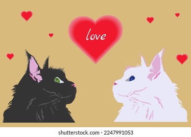 Vector illustration  valentine  banner  wallpaper  print for fabric  two cats look at the heart and the inscription love