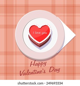 Vector illustration. Valentine cake in the shape of a heart on a plate. Happy Valentine's Day.