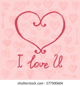 Vector illustration Valentine day card with freehand drawn cartoon heart and text on pink background with different little hearts