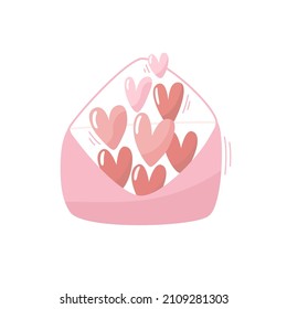 Vektorgrafik für den Valentinstag. Ein Umschlag mit Herzen auf weißem Hintergrund. Kreative Grußkarte mit handgezeichneten Herzen und dekorativen Elementen. Elegantes feminines Design.