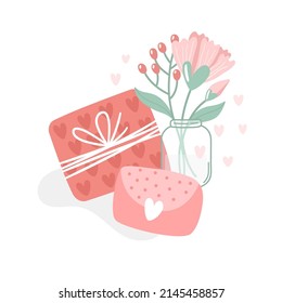 Vector illustration for Valentine day. Gift, envelope, bouquet and hearts on white background. Creative greeting card with hand-drawn decorative elements. Elegant feminine design.