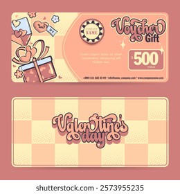 Vector illustration of a Valentine day gift voucher with a rubber hose style character on a checker pattern background.