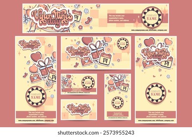 Vector illustration of a Valentine day gift cards in a rubber hose style on a beige checker pattern background.