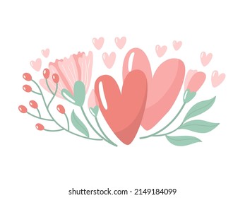 Vector illustration for Valentine day. Two hearts with flowers on white background. Creative greeting card with hand-drawn decorative elements. Elegant feminine design.