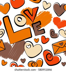 Vector illustration. Vector Valentine design. Colorful hearts and love text seamless pattern. Beige, orange and brown design template for holiday and wedding card, wallpaper on a white background.