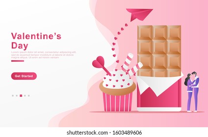 Vector illustration valentine. happy couple are sharing story of love, concept of chocolate, cake, paper plane and traces of heart. for banner, ads, app, landing page, website, ui. Flat cartoon style