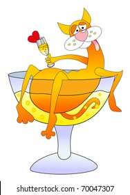 Vector illustration. Valentine love cat. Goblet and champagne.