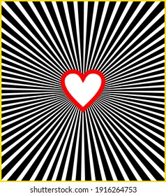 
Vector illustration valentine: red and white heart radiating black circle with yellow outline. Red, pink and white flying hearts isolated background. Paper cut decorations for  Valentine's day.