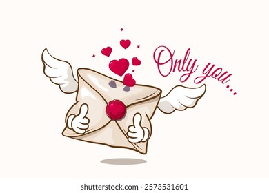 vector illustration of valentine 's day greeting card with drawn envelope and wings, groovy character envelope