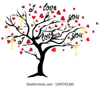vector illustration of valentine tree with hearts, keys.