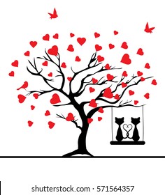 ilustración vectorial de un árbol valentino con corazones rojos, pájaros rojos y gatos balanceándose