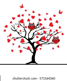 vector illustration of a valentine tree with red hearts, red birds, red owls
