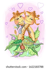 vector illustration valentine two loers giraffe girl and boy