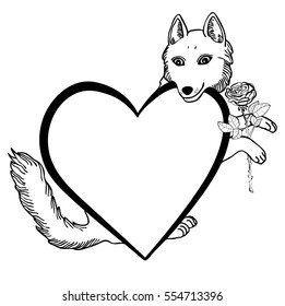 Vector illustration of valentine wolf with heart frame and rose black and white 