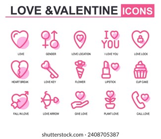 vector illustration valentine.filled line style.contains love,gender,key,broken heart,falling in love,lipstick,beautiful,cupcake,romance arrow,love flower,telephone,iloveyou.icon set editable stroke.