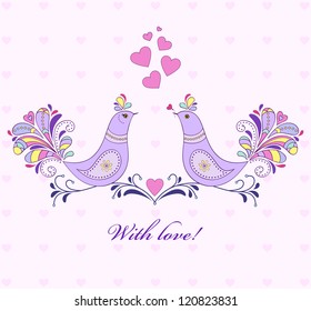 Vector illustration of valentine`s card with bird couple.