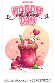 Vector illustration of a Valentine's card featuring a coffee latte with toppings, macarons and little heart-shaped cakes.