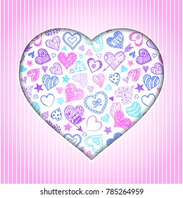 Vector illustration of Valentines card with hand drawn hearts.