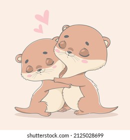 Vector illustration of valentine's day. Animals hug. Otters in love.