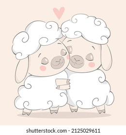 Vector illustration of valentine's day. Animals hug. Sheep in love.