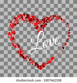Vector illustration Valentines Day background. Shape red heart. Love random falling paper confetti. Shimmer hearts. Frame decoration design Valentine holiday. Origami decoration. Greeting text.