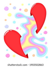 Vector illustration for Valentine's Day. Bright design for February 14th. Red heart, two halves, liquid rainbow. Love symbol. Broken heart for design wallpaper, backdrop, postcard, packaging.
