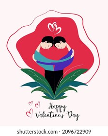 Vector illustration for Valentine's Day with a caption. Two guys snuggling up to each other. Love from the heart. For cards, banners, flyers