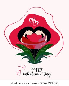 Vector illustration for valentine's day with a caption. Two girls leaning into each other. Love from the heart. For cards, banners, flyers