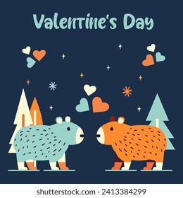 vector illustration of valentine's day, capybaroo, animal, forest, rain, sun, flowers, heart