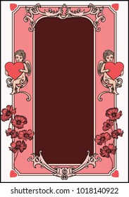 Vector Illustration of a Valentines Day Card. Detailed image in sketch outline stroke with flowers and ornament.Cupids with red hearts. Blank vintage card.Retro Valentines Day frame and border