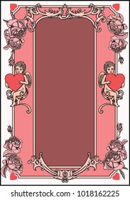 Vector Illustration of a Valentines Day Card. Detailed image in sketch outline stroke with flowers and ornament.Cupids with red hearts. Blank vintage card.Retro Valentines Day card