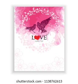 vector illustration of Valentine's day card, love birds, watercolor background