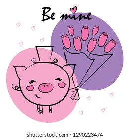 Vector illustration.  Valentine's day card  Be mine. Black silhouettes of piglet in a hat and bouquet of tulips with hearts rain on pink, purple, white backgrounds. 