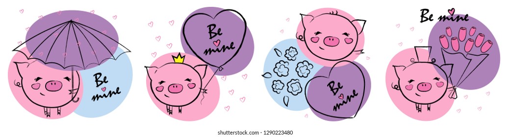 Vector illustration. Valentine's day card collection. Black silhouettes of piglets, an umbrella, bouquet of tulips, roses, big heart, rain of hearts on blue, pink, purple, white backgrounds.