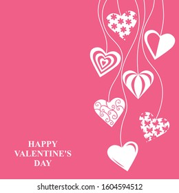 Vector illustration of Valentines day card with hang decorative hearts on pink background