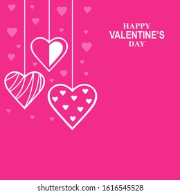 Vector illustration of Valentines day card with hanging decorative hearts on pink background