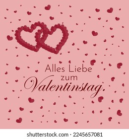 Vektorgrafik, Valentinstag-Kartenherzen liegen auf rosafarbenem Hintergrund mit Alles liebe zum Valentinstag - deutscher Text. Übersetzung: Alles Gute zum Valentinstag.