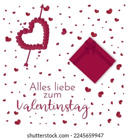 Vektorgrafik, Valentinstag-Karte Papier Herzen und Geschenk liegen auf weißem Hintergrund mit Alles liebe zum Valentinstag - deutscher Text. Übersetzung: Alles Gute zum Valentinstag!