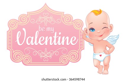 Vector illustration. Valentine's day card with little baby Cupid isolated on white background