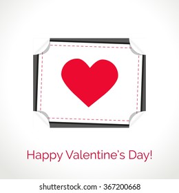 Vector illustration. Valentine`s day card with heart. Valentines day greeting poster. Party poster, greeting card, banner or invitation. Holiday design. Red heart in a frame with 3d effect.