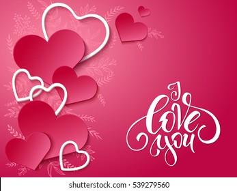 vector illustration of valentines day card with lettering -I love you, doodle branches and a lot of hearts.